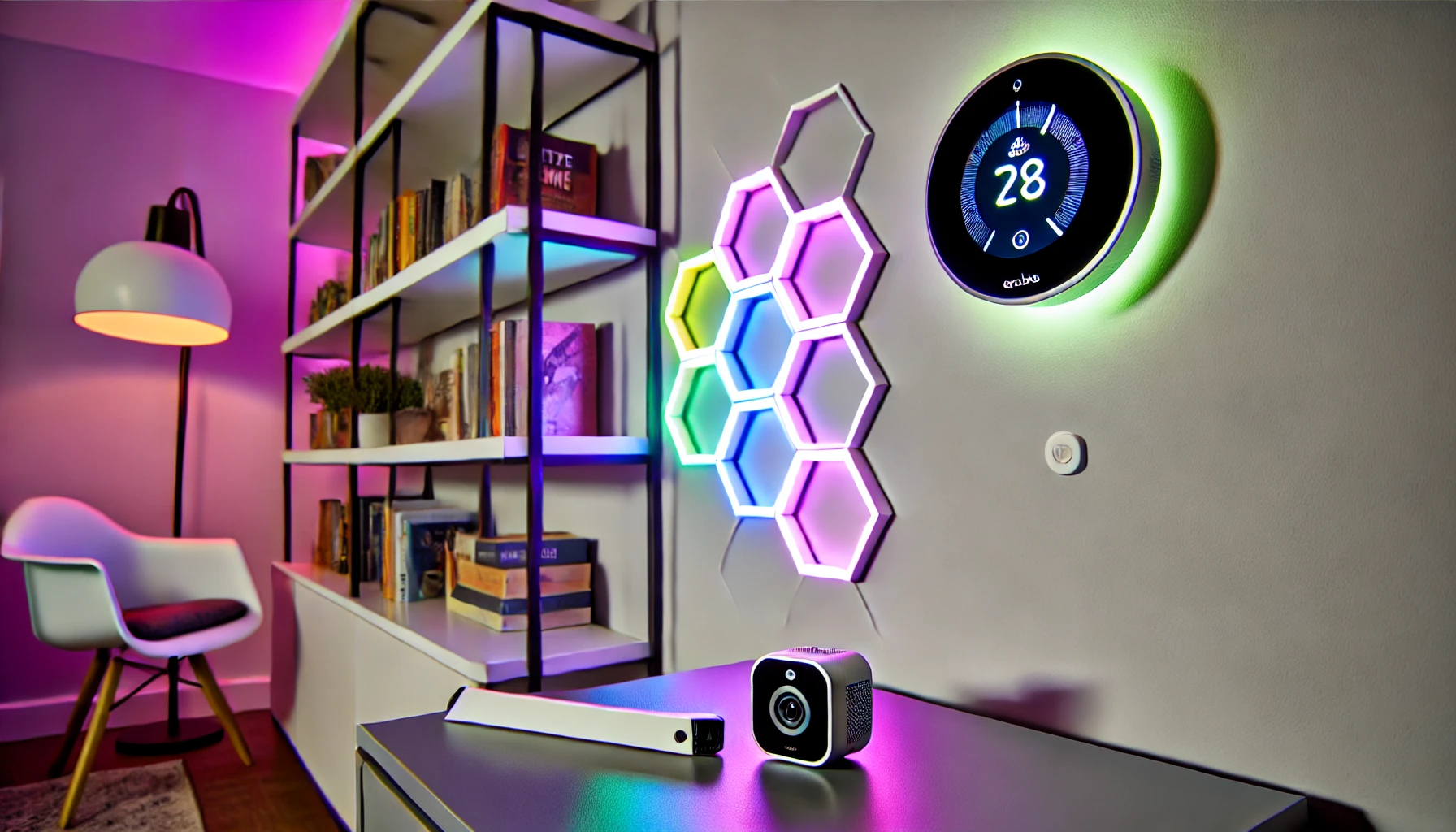 A sleek and modern smart home setup featuring the Ecobee SmartThermostat with Voice Control on the wall, a Philips Hue Lightstrip Plus illuminating a bookshelf with vibrant colors, a Wyze Cam OG placed discreetly on a table, and the Nanoleaf Shapes Hexagon Starter Kit arranged on a wall in an artistic pattern.