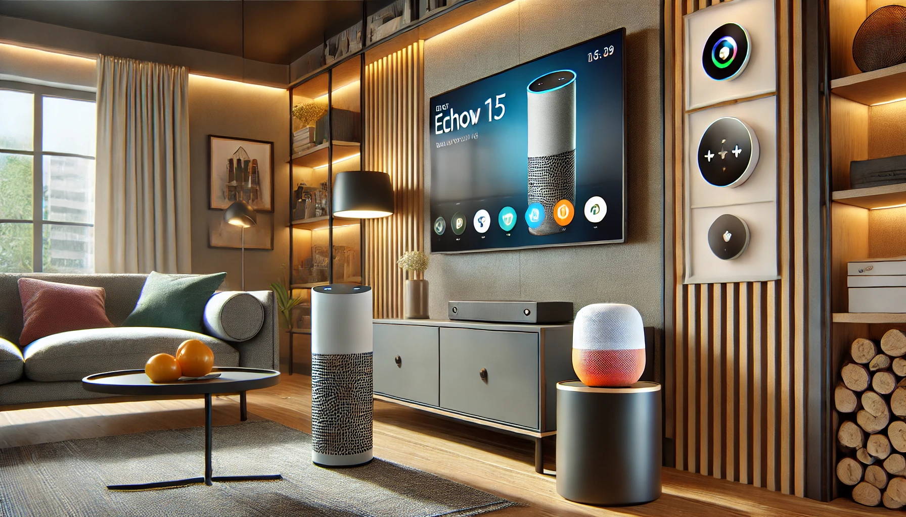 A modern smart home living room with sleek furniture. An Amazon Echo Show 15 with a large 15.6-inch screen mounted on the wall, a Google Nest Hub (3rd Gen) with a 7-inch touchscreen on a side table, and an Apple HomePod Mini (2nd Gen) in a vibrant color on a shelf