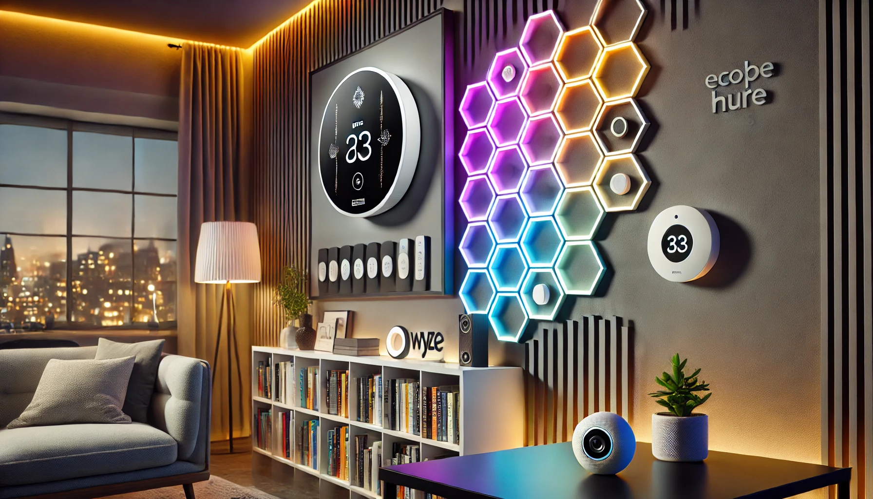 A sleek and modern smart home setup featuring the Ecobee SmartThermostat with Voice Control on the wall, a Philips Hue Lightstrip Plus illuminating a bookshelf with vibrant colors, a Wyze Cam OG placed discreetly on a table, and the Nanoleaf Shapes Hexagon Starter Kit arranged on a wall in an artistic pattern.