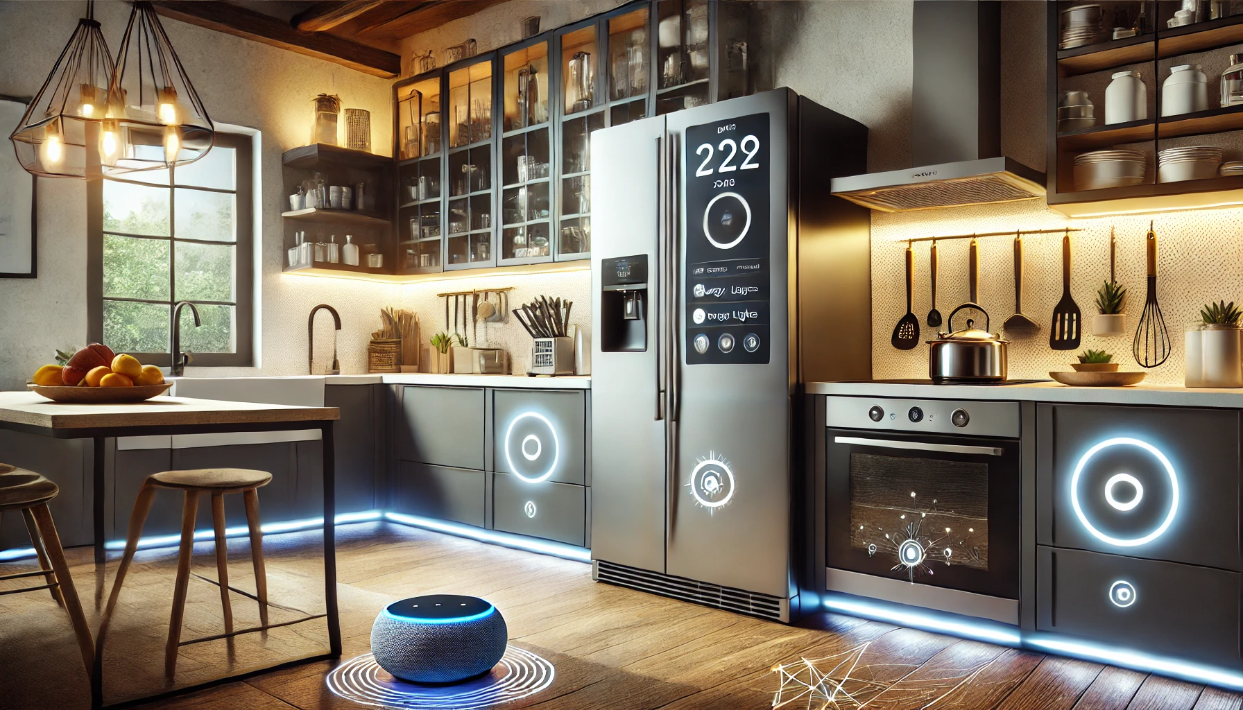 A modern kitchen with smart home devices, including a smart refrigerator, smart lights, and a smart speaker, with a stylish and well-lit design.