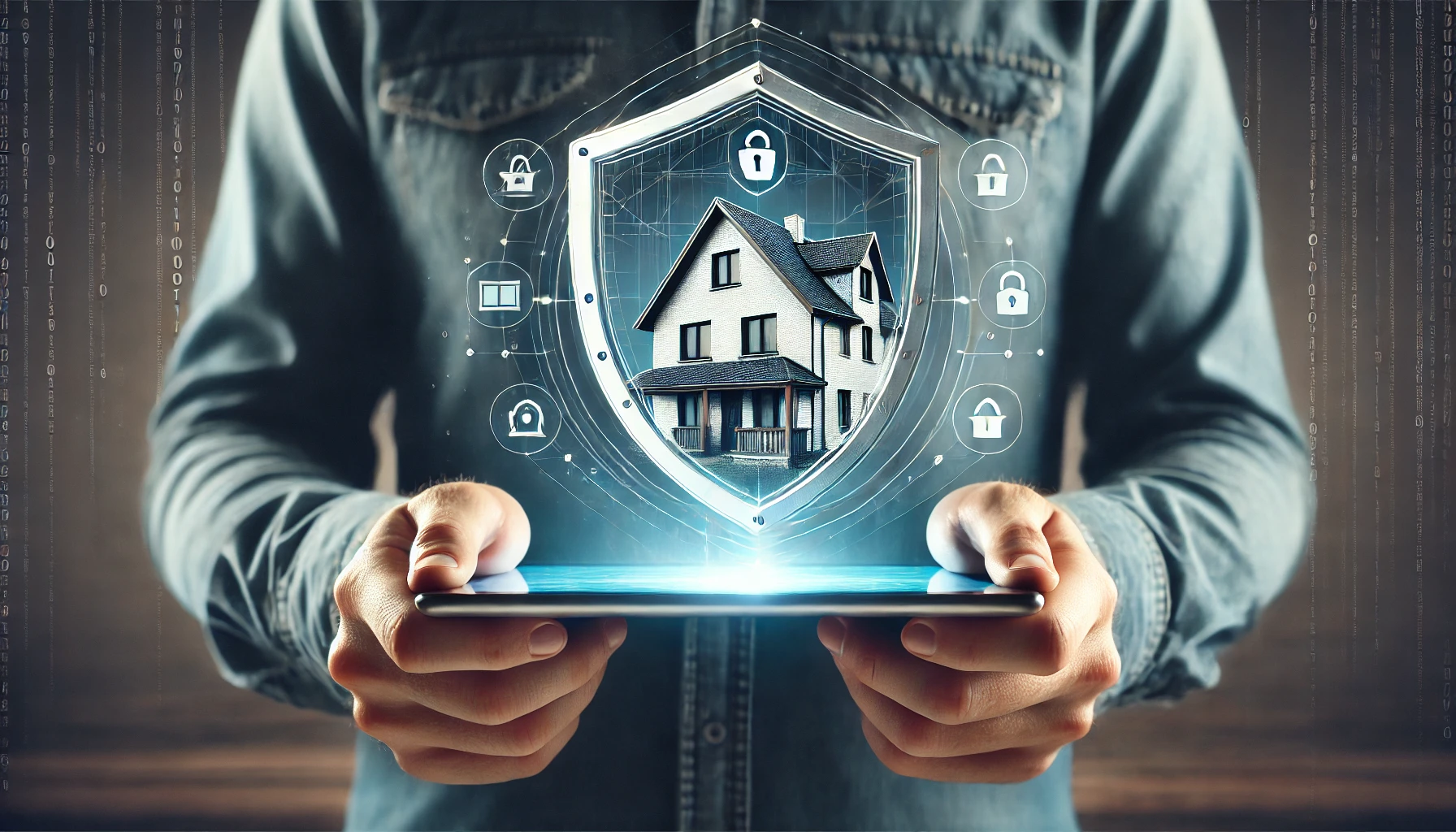 A person is holding a tablet in their hand. On the screen of the tablet, there is a detailed illustration of their house with a shield icon overlaid on top of the house, symbolizing security and protection. 