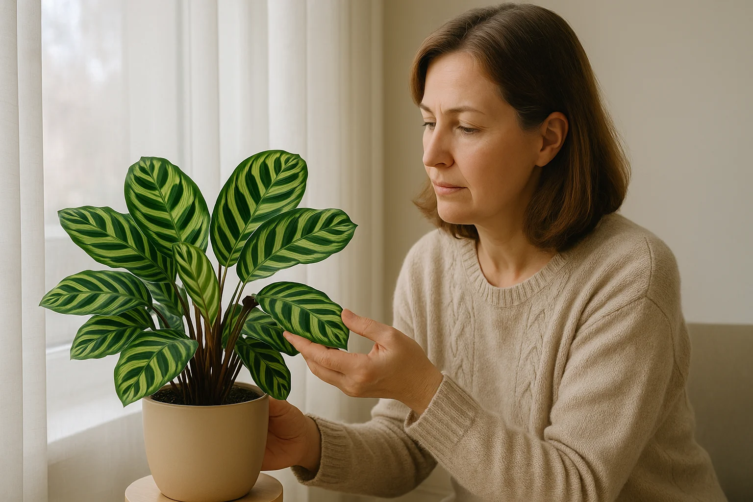 A woman in cozy loungewear examines the bright, patterned leaves of her peacock plant near a softly lit north-facing window.