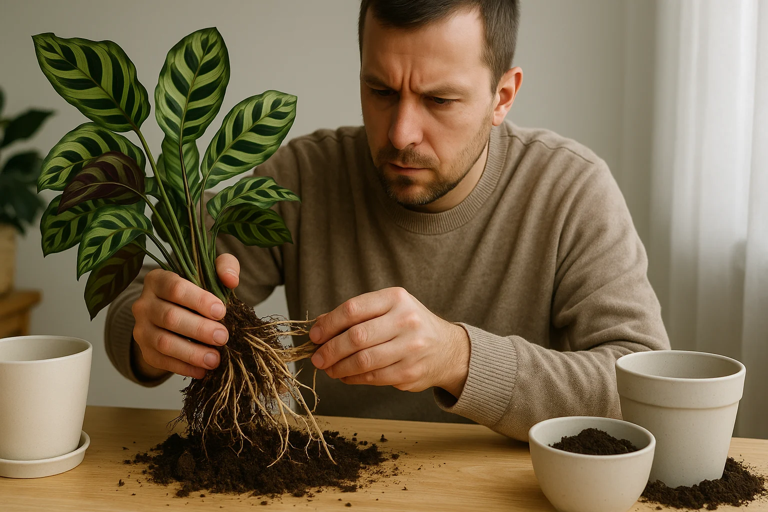 A man with a focused expression carefully separates the roots and stems of a Calathea for propagation, with clean pots and fresh soil nearby.