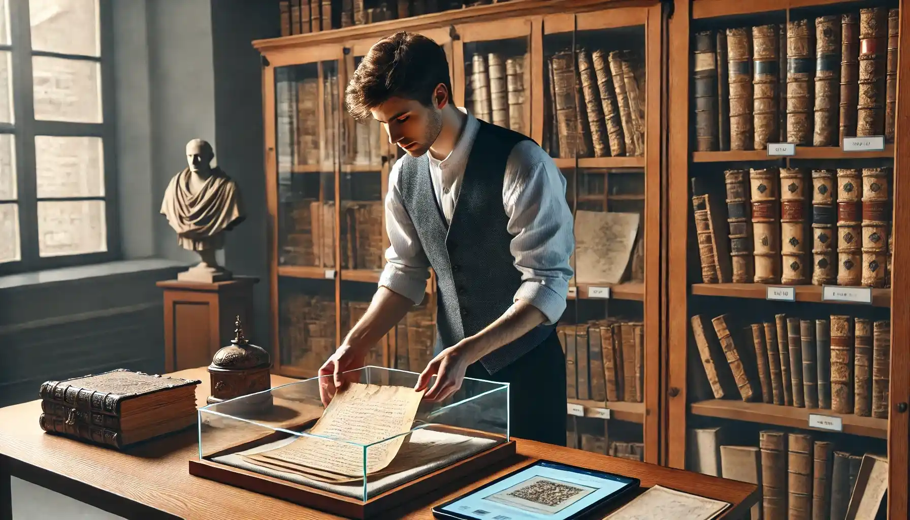 A historian in a private collection room carefully organizing rare books and ancient manuscripts. One of them is placed in a delicate parchment into a humidity-controlled glass case.