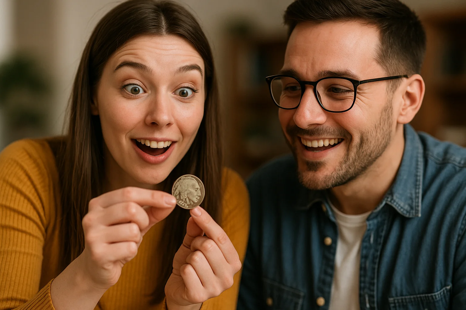 A young woman proudly shows her friend a rare Buffalo nickel with the error as they smile and discuss the find.